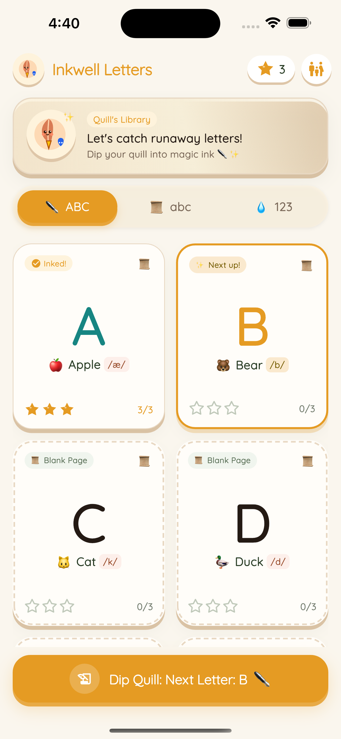 1. Showing a List of Letters Screen - Inkwell Sprites